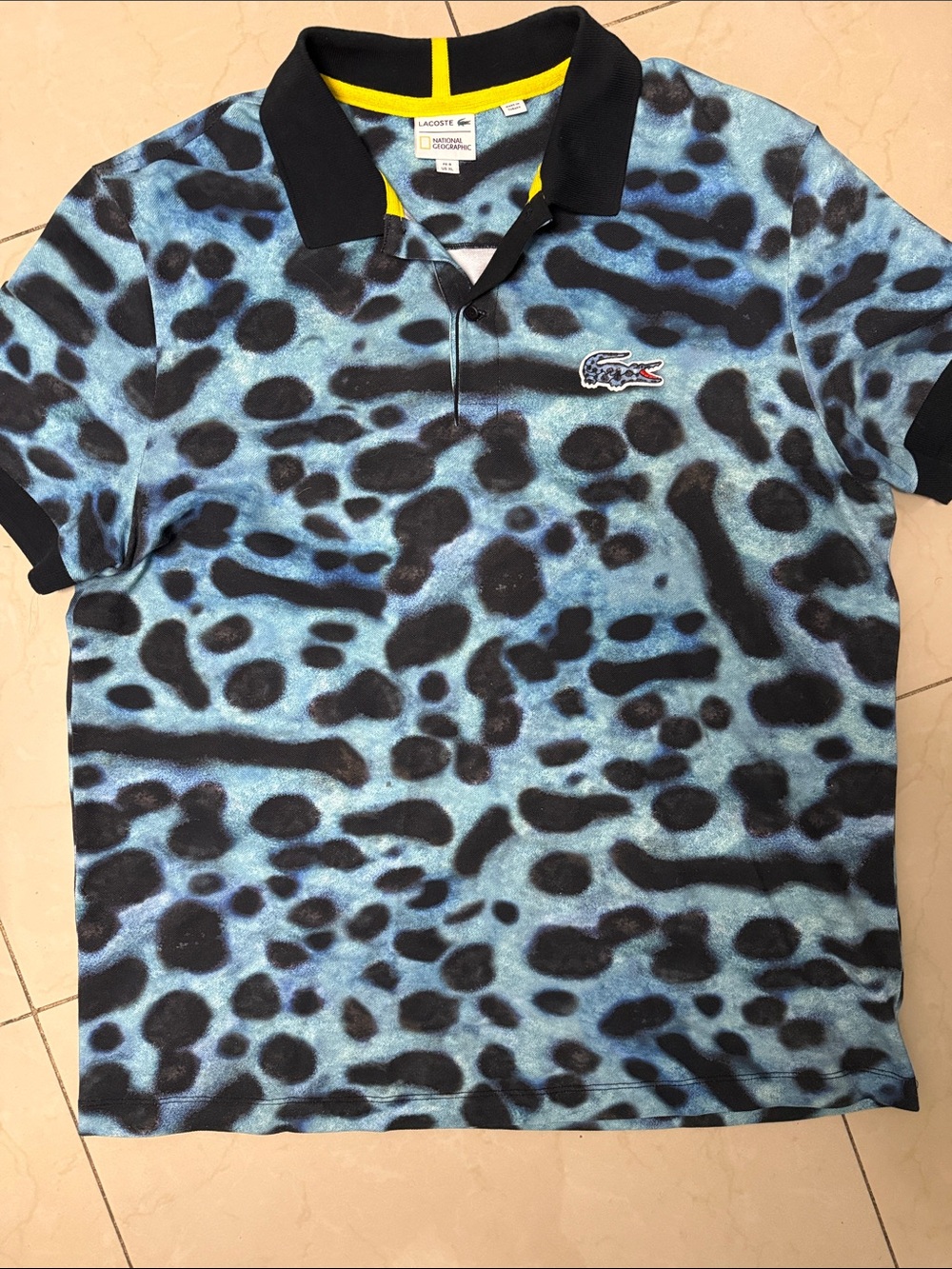Lacoste Mens Black and Blue Leopard-Print Polo SIZE XL